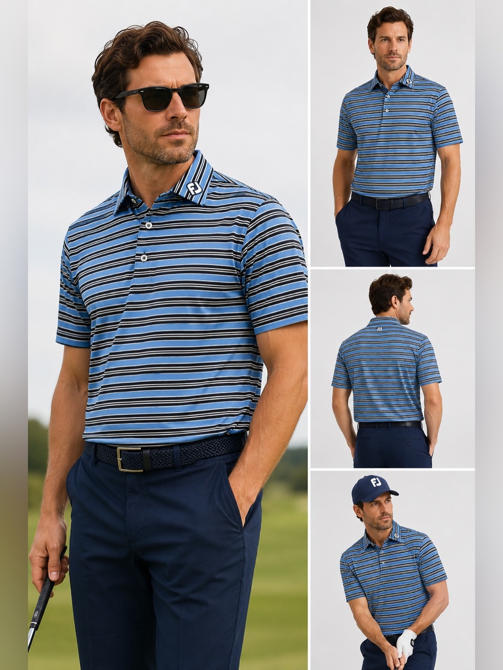 FootJoy FJ Men’s Golf Polo Blue Black Stripe Performance Shirt Size M*